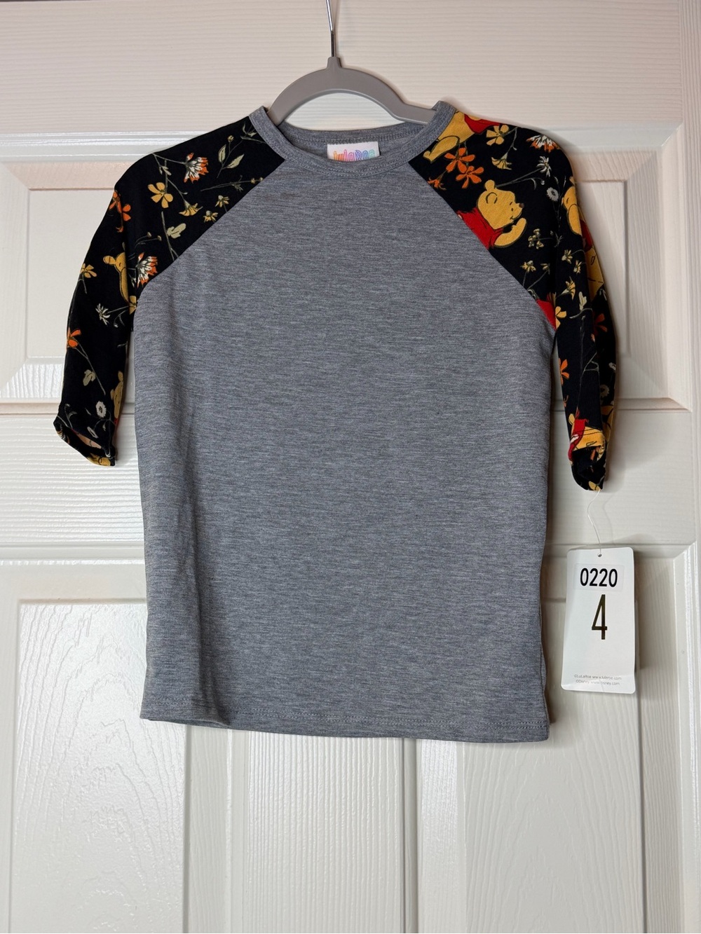 LuLaRoe Size 4 Winnie the Pooh Kids Grey Raglan Tee with Black Floral Sleeves